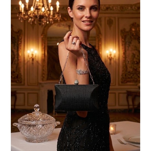 Evening Bag - Hard Case Shimmery Silk w/ Rhinestone & Clear Stone Accent Closure Knob - Black - BG-1120SL-BK